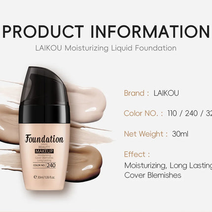 LAIKOU Liquid Foundation Multiple Shades Hydrating Natural Finish Creamy Full Coverage Makeup Base Long Lasting Wear 30ml