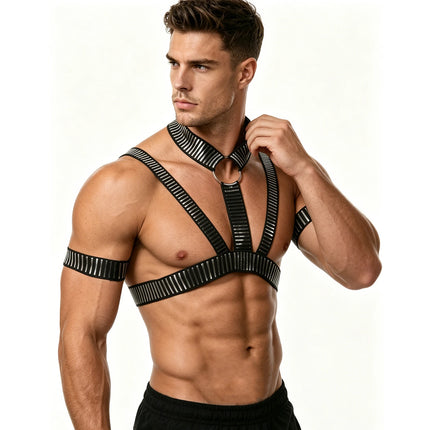 Sexy Men Harness with Armbands Set Erotic Bondage Lingerie Elastic Halter Body Belt Shiny O Ring Fetish Costumes