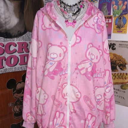 American Yami Kawaii Loose Hooded Coat High Street Y2K Hoodie Women's Cartoon Printed Bear Long Sleeve Coat Subculture Graffiti