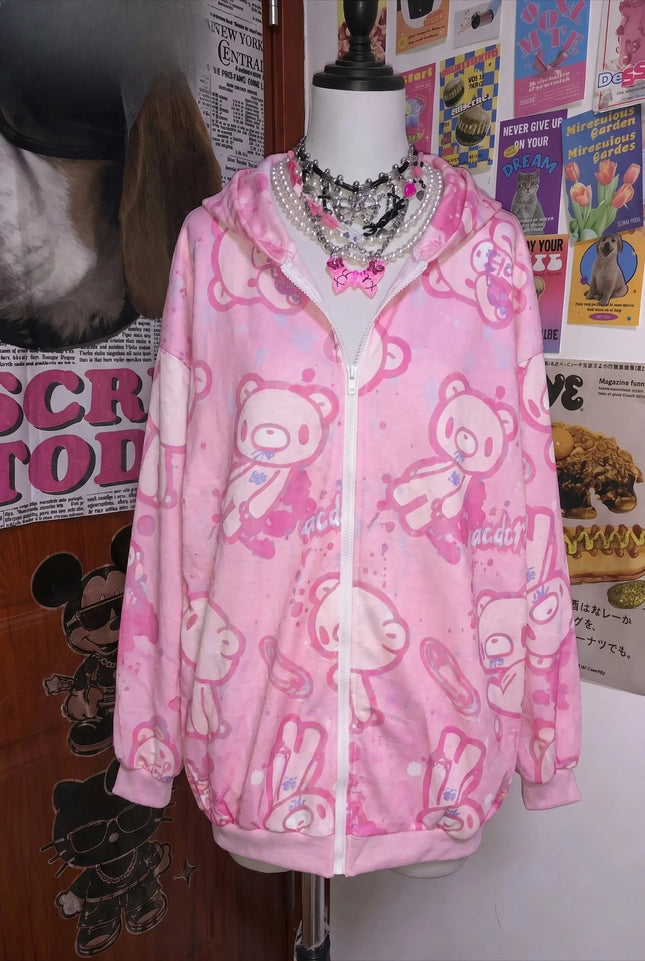 American Yami Kawaii Loose Hooded Coat High Street Y2K Hoodie Women's Cartoon Printed Bear Long Sleeve Coat Subculture Graffiti
