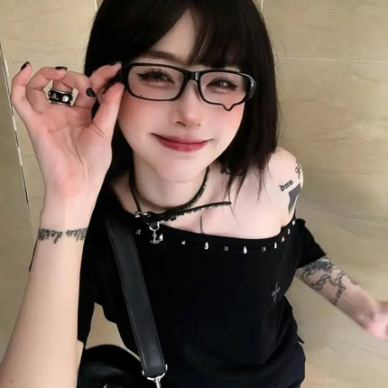 Seeslim Black Off Shoulder Cross Women's T-shirt Short Sleeve 2000s Clothes Y2k Summer Tops Tees Female Clothing Chic Vintage