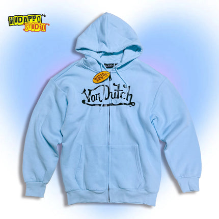 Retro American Baby Blue Fleece Lined Zipper Hoodie Oversized Coat Large Size Trendy Outerwear Comfortable Cotton Polyester B...