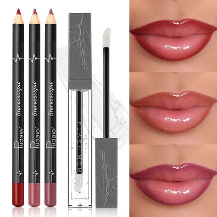 4-Piece Lip Liner and Lip Oil Set - Smooth, Long-Lasting Lip Liners for Defined Contours & Moisturizing Lip Oils