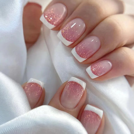 24Pcs Simple Square Head Fake Nail with nude design White Gradient French Press on False Nails Short Full Cover Nail Tips