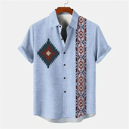 Men's shirt ethnic style 3D printing henley shirt, men's fashion button down collar short sleeve, high quality men's tops