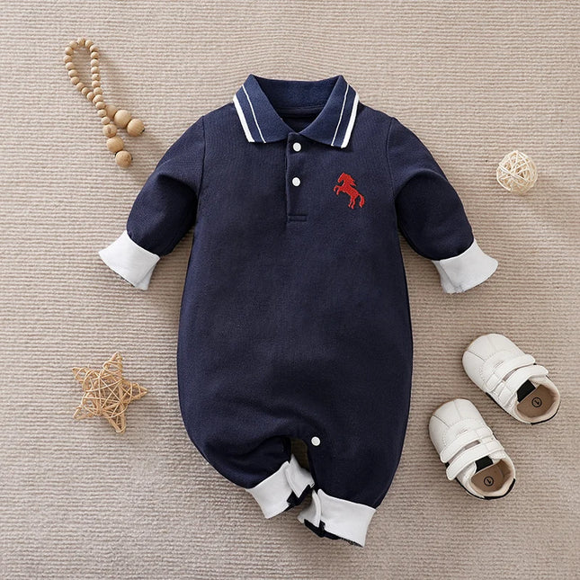 Spring And Autumn Boys And Girls' Literary Style Pony Embroidered Cotton Comfortable Long Sleeve Baby Bodysuit