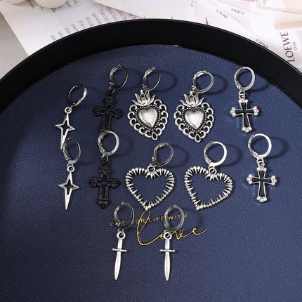 Aihua 12pcs Fashion Silver Color Heart Drop Earrings Set for Women Teens Simple Cross Pendant Dangle Earring Y2K Party Jewelry