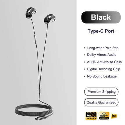 Lenovo 3.5mm/Type-C Clip-On Wired Earphones Bone Conduction HiFi Sound Ultra Light Noise Cancelling Mic For Gaming Work Travel