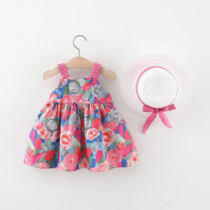 2 Pcs Summer Baby Girl Dress Sweet Oil Painting Flower Big Bow Cotton Cloth Dress Gift Hat Suitable for 0-3 Years Old