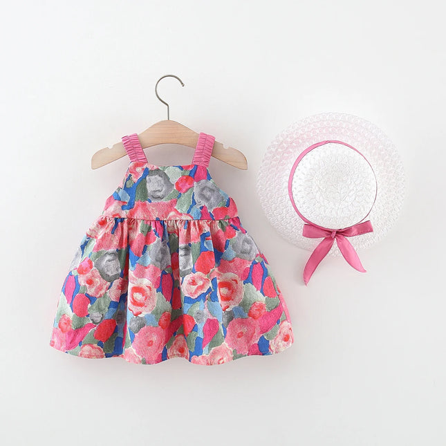 2 Pcs Summer Baby Girl Dress Sweet Oil Painting Flower Big Bow Cotton Cloth Dress Gift Hat Suitable for 0-3 Years Old