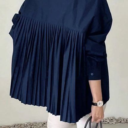 Plus Size 2025 Spring and Summer New Women's POLO Collar Pleated Casual Single Row Button Shirt Blouse Solid Color
