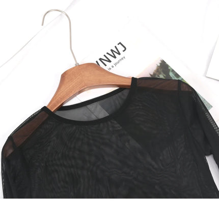 New Black Sexy Women T Shirt See Through Transparent Punk Mesh Tops Long Sleeve Sheer Slim Ladies Solid T-Shirt Lace Crop Top