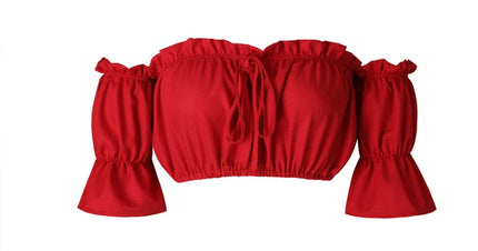 Women's Crop Tops 2024 Summer Lantern Sleeve Sexy Strapless Beach Tops Plus Size Red Black White Ruched Crop Top