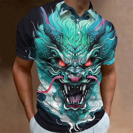 Dragon Pattern Polo Shirt For Men Animal 3D Printed T-Shirts Outdoor Fashion Casual Loose Oversized Street Lapel Top Button Tees