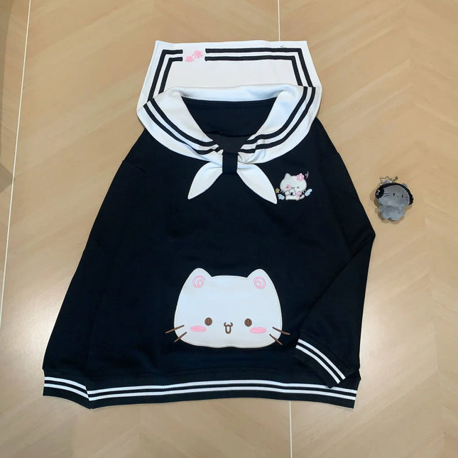 2025 Women's Clothing Japanese Sweatshirts Cute Cat Sailor Collar Loose Hoodies Cotton Thicked Fashion Casual Hoodie Ropa Mujer