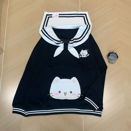 2025 Women's Clothing Japanese Sweatshirts Cute Cat Sailor Collar Loose Hoodies Cotton Thicked Fashion Casual Hoodie Ropa Mujer