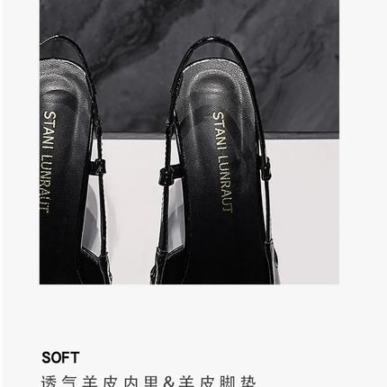 Runway Fashion YS Metal Square Toe Stiletto Heels Women's Baotou Sandals Black Pumps Color Block Glossy Design Shoes Luxury Shoe
