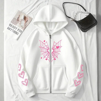 2025 Hot Sale Women's Hoodie Cute Spider Web Heart Print Zip-up Sweatshirt All Season Female Urban Casual Fashion Hooded Jackets