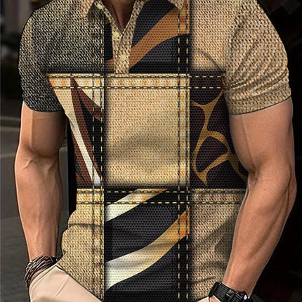 Men's Casual Short-Sleeved Polo Shirt with Retro Patchwork Pattern, Printed, Business Casual Style, Suitable for Playing Golf