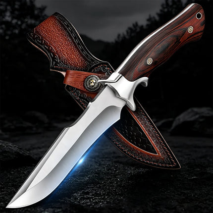 Fixed Blade Knife Kitchen Knife with Wooden Handle Leather Sheath for Cleaver Meat Fish Fruit Vegetable Slicing Cooking Butcher