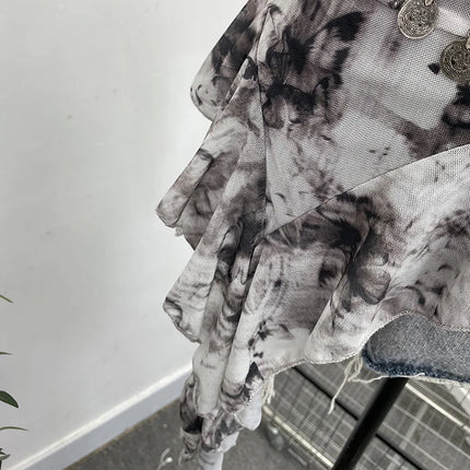 Women's Vintage Tie-dye Printed Mesh Spaghetti Strap Camisole Hot Girl Irregular Ruffled Ribbon Sleeveless Top Partyclub 1185