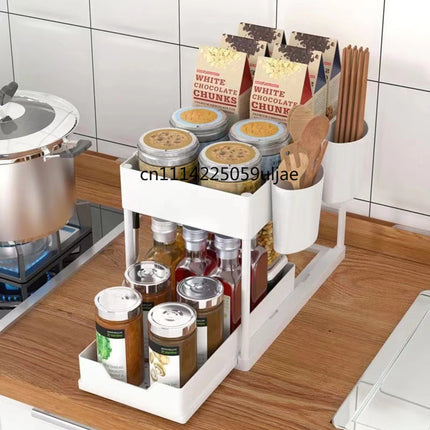 Double-layer pull-out kitchen storage rack multi-functional organizer, shelf, suitable for kitchen sink storage