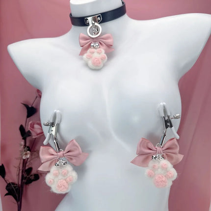BDSM Nipple Clamp Cute Bow Cat Claw Breast Clip Collar with Bell Anal Plug Butt Plug Nipple Stimulation Flirting Adult Sex Toys