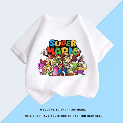 Summer new Super Mario cartoon children's cotton short-sleeve T-shirt, cartoon game trendy boys' casual short-sleeve top.