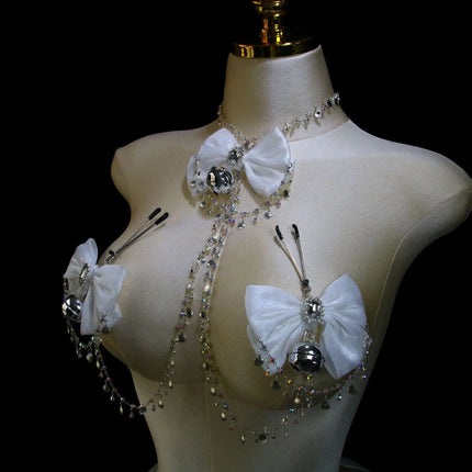 Sexy Sparkle Diamond Gem Body Chain Bow Choker Bell Nipple Clamps Nipple Stimulation  Accessories Chest Restraint BDSM Women's