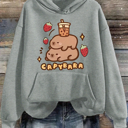 Cartoon Strawberry Capybara Cute Printed Hoodie for Women Autumn Winter 2025 Long Sleeve Tops Sweatshirt Clothing