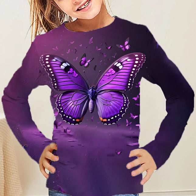Children's Clothing Cute Butterfly Print Girl Clothes Autumn Long Sleeve T-Shirt 2024 Kids Clothes Polyester Tops Child T-Shirt