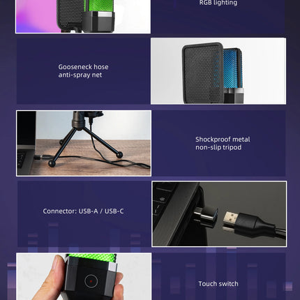 Gaming Computer Professional Condenser Microphone Mic PC Laptop USB Wired Live Streaming Podcast Studio Mike Kit Gamer Karaoke