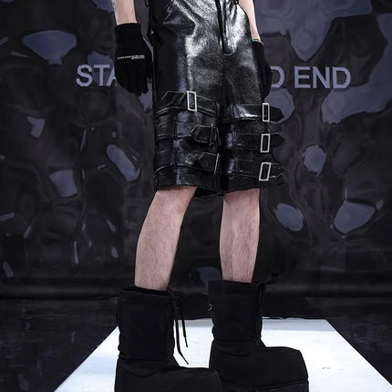 Mauroicardi Spring Summer Black Pu Leather Shorts for Men with Many Belt Mens with High Waist Short Straight Pants Clothes 2025
