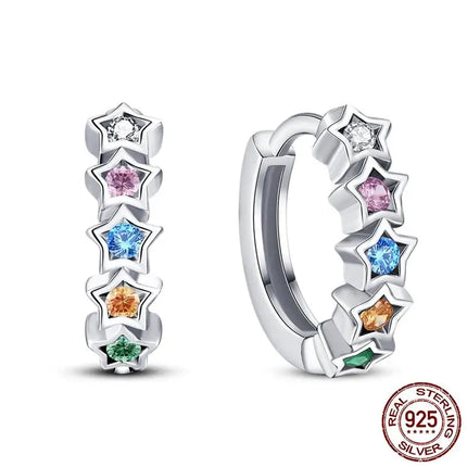 Luminous Shell Women Earrings Original 925 Sterling Silver Pave CZ Star Moon Hoop Earrings Engagement Wedding Jewelry