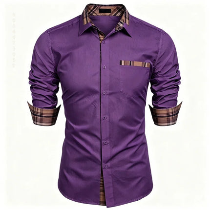 Men's shirt checkered contrasting long sleeved shirt, business casual button up shirt, personalized and trendy men's clothing