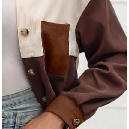 Plus Size 1XL-5XL New Women's Fashion Color-Block Pocket Shirt With Lapel Collar Ladies Casual Long Sleeves Blouse Shirt Top