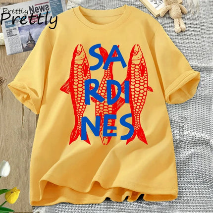Sardines Graphic Tee Trendy Fish T-shirt Casual Short Sleeve Cotton T Shirt Streetwear Round Neck T-shirt Streetwear Cool Tees