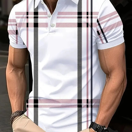 The 2025 summer new men's POLO shirt features a casual fashionable comfortable soft and breathable 3D striped pattern print