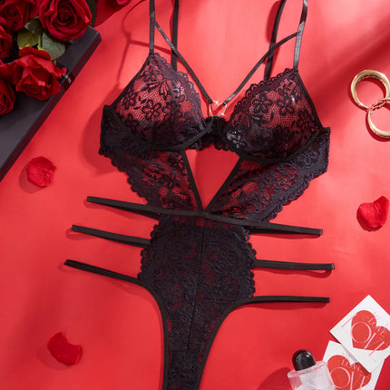 Women Red Lace Spaghetti Strap Bodysuit One Piece Sleepwear