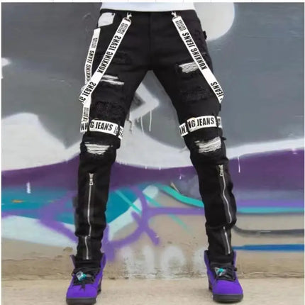 Men's Ripped Camouflage Jeans, Color Block, Slim-fit, Straight-Leg Overalls, Spring Fashion