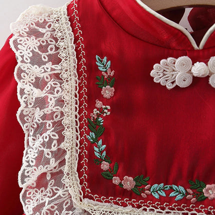 Girls' Autumn Long sleeved Lace Lace Princess Dress with Embroidered Pan Button Chinese Style Baby Dress