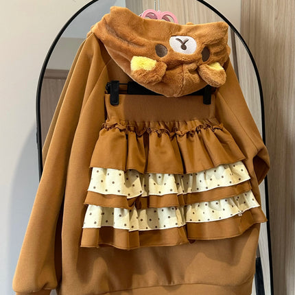 Original Japanese Style Soft Girl Hooded Rilakkuma Jacket for Women Cute Versatile Fleece Lined Thickened Sweatshirt