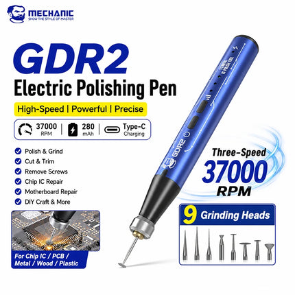 MECHANIC GDR2 Electric Polishing Pen 9pcs Grinding Heads for IC Chip Grinding PCB Cutting Mobile Phone Repair Tools