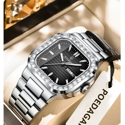 POEDAGAR Square Fashion Men's Watch Date Week Waterproof Luminous Quartz Man Watch Stainless Steel Luxury Sports Watches For Men