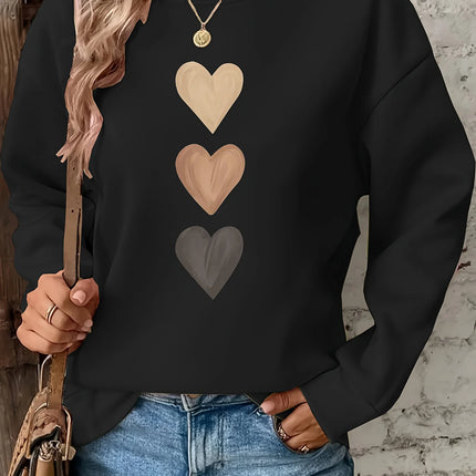 Women's Casual Heart Print Pullover Sweatshirt Geometric Design Long Sleeve Round Neck Machine Washable Regular Fit for Autumn