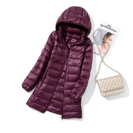 Haze Blue Women's Lightweight Long Jacket, Hooded Long Sleeve Coat, Asian Size M-7XL, Red, Black, Blue, Purple Available Parkas