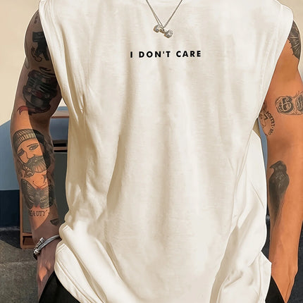 100% Pure Cotton Summer Men's Fashionable Casual Loose I DON'T CARE Letter Pattern Printed Fitness Sports Sleeveless Vest