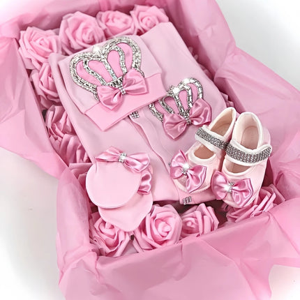 Dollbling Newborn Set Baby's Sets Rhinestone Crown 0-3 Months Hat+Bodysuits+Gloves+Shoes 4 Parts Boy Girl Jumpsuit Clothing