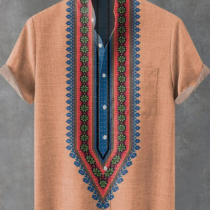 The new men's summer linen short-sleeved shirt features a pattern label. The clothing with artistic patterns, casual shirts.