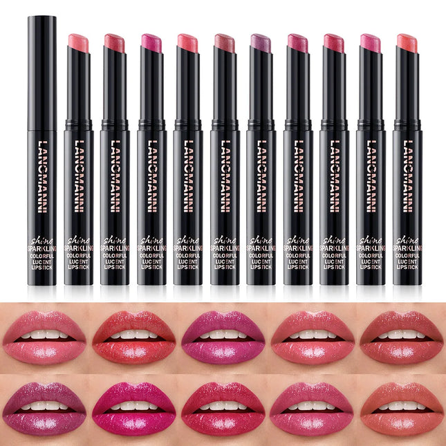 LANGMANNI 10 Colors Pearlescent Slant-Tip Swivel Lipstick - Long-Lasting Lip Gloss (Single Pack)
